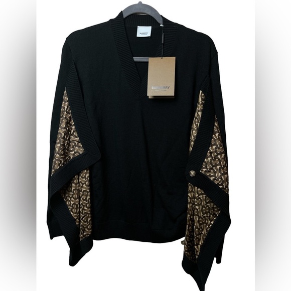 BURBERRY womens V-neck Silk twill-paneled merino wool sweater size M - Picture 8 of 15